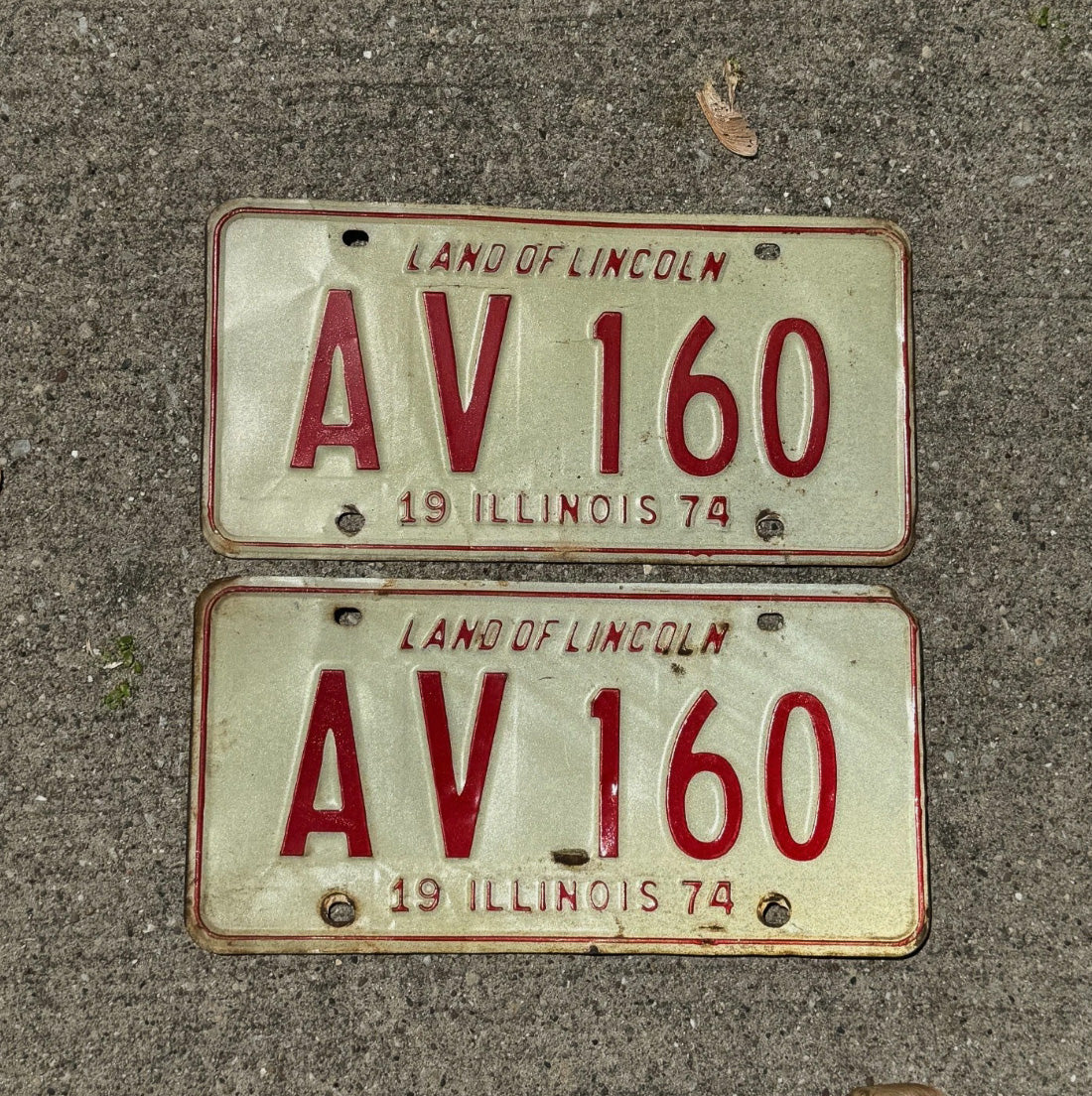 Photo of a 1974 Illinois License Plate Pair Auto Tag Garage Decor Initials Name AV 160