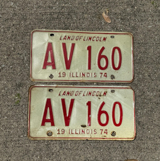 Photo of a 1974 Illinois License Plate Pair Auto Tag Garage Decor Initials Name AV 160