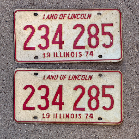 Photo of a 1974 Illinois License Plate Pair Auto Tag Garage Decor Vintage 234 285 with original patina