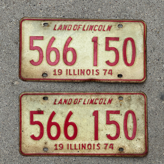 Photo of a 1974 Illinois License Plate Pair Auto Tag Garage Decor Vintage 566 150 with original patina