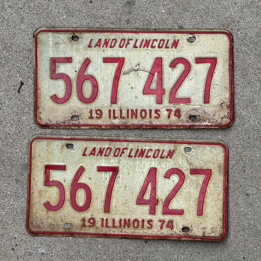 Photo of a 1974 Illinois License Plate Pair Auto Tag Garage Decor Vintage 567 427 with original patina