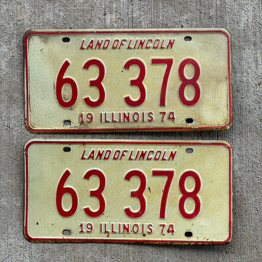 Photo of a 1974 Illinois License Plate Pair Auto Tag Garage Decor Vintage 63 378 with original patina
