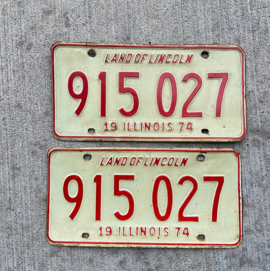 Photo of a 1974 Illinois License Plate Pair Auto Tag Garage Decor Vintage 915027 with original patina