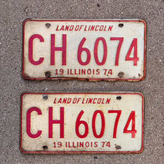 Photo of a 1974 Illinois License Plate Pair Auto Tag Garage Decor Vintage CH 6074 with original patina
