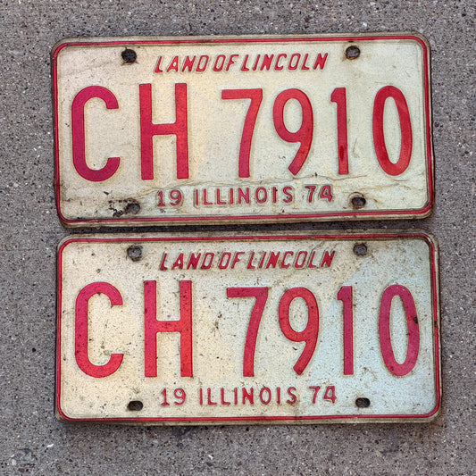 Photo of a 1974 Illinois License Plate Pair Auto Tag Garage Decor Vintage CH 7910 with original patina