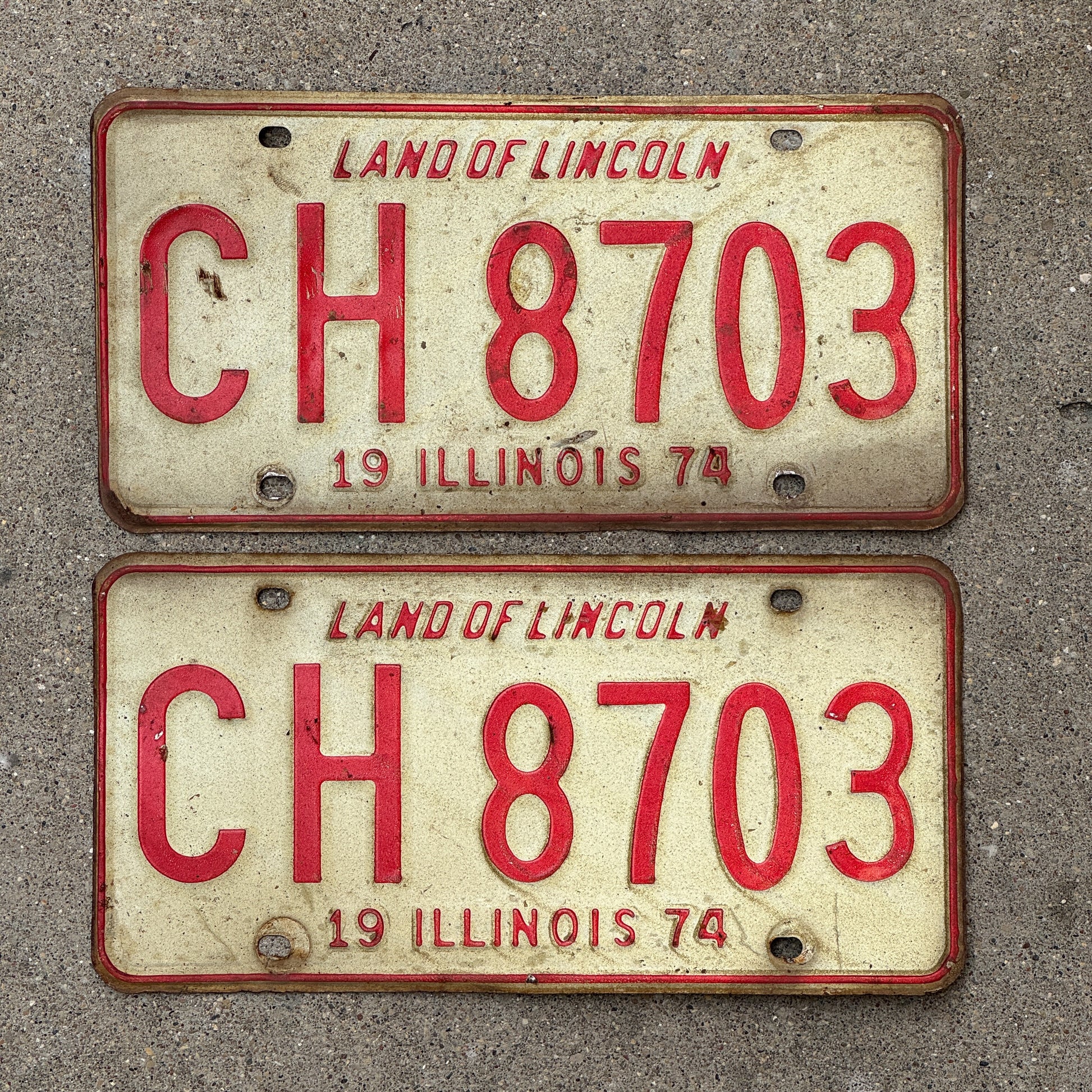 Photo of a 1974 Illinois License Plate Pair Auto Tag Garage Decor Vintage CH 8703 with original patina
