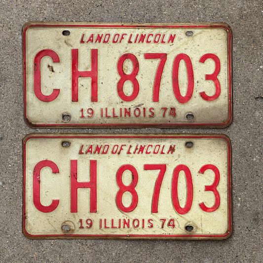Photo of a 1974 Illinois License Plate Pair Auto Tag Garage Decor Vintage CH 8703 with original patina