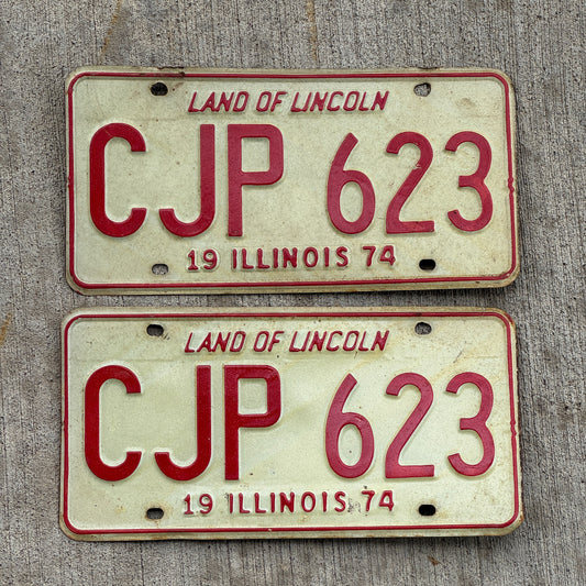 Photo of a 1974 Illinois License Plate Pair Auto Tag Garage Decor Vintage CJP 623 with original patina