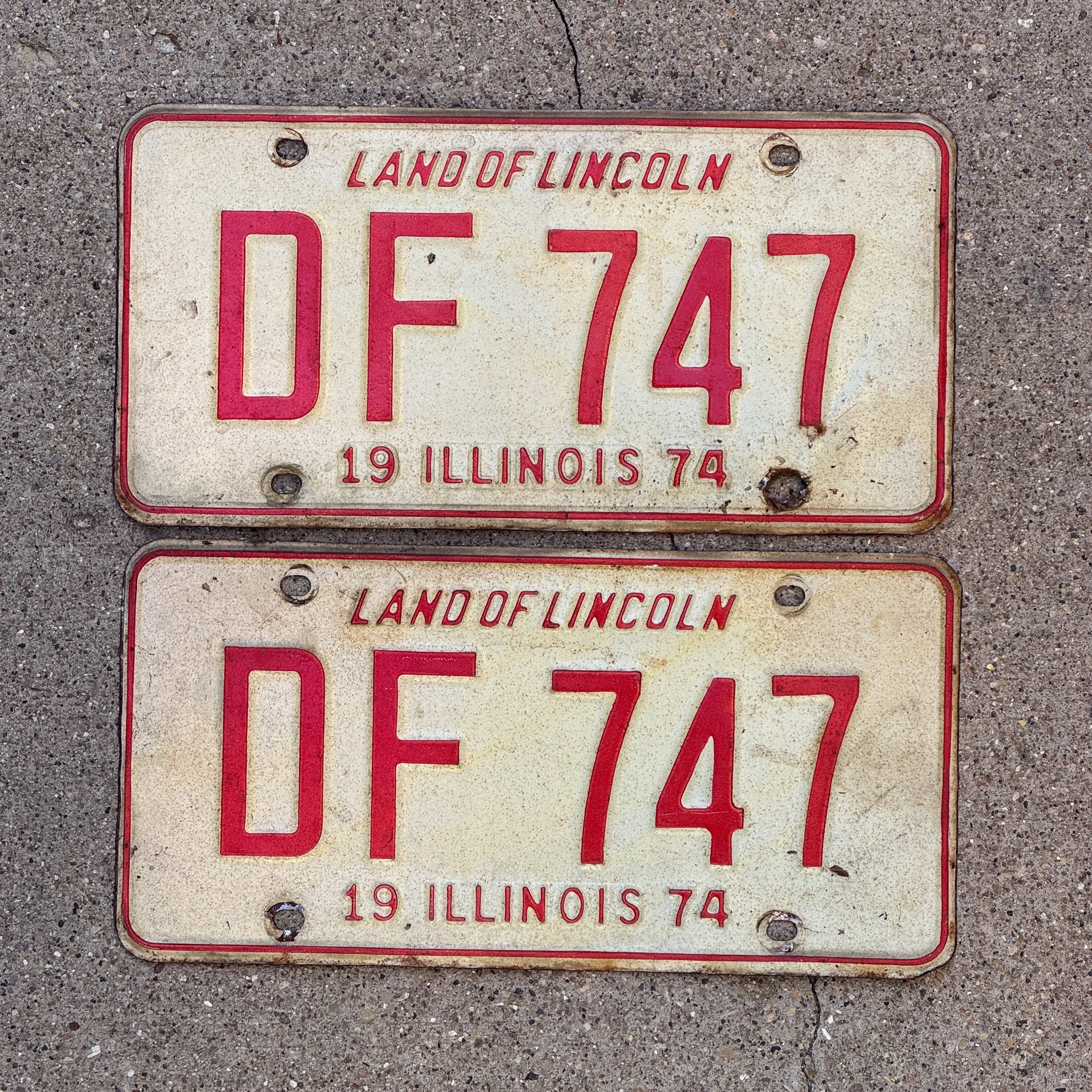 Photo of a 1974 Illinois License Plate Pair Auto Tag Garage Decor Vintage DF 747 with original patina