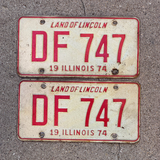Photo of a 1974 Illinois License Plate Pair Auto Tag Garage Decor Vintage DF 747 with original patina