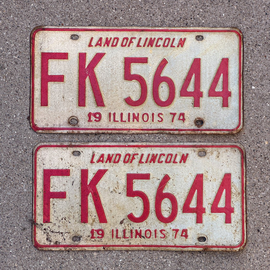 Photo of a 1974 Illinois License Plate Pair Auto Tag Garage Decor Vintage FK 5644 with original patina