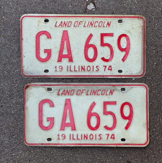 Photo of a 1974 Illinois License Plate Pair Auto Tag Garage Decor Vintage GA 659