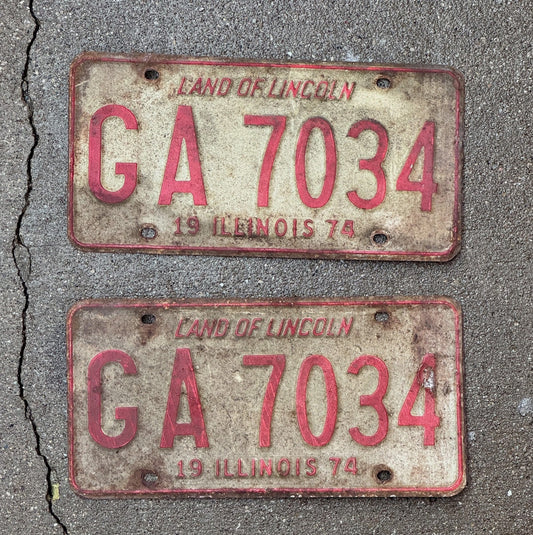 Photo of a 1974 Illinois License Plate Pair Auto Tag Garage Decor Vintage GA 7043