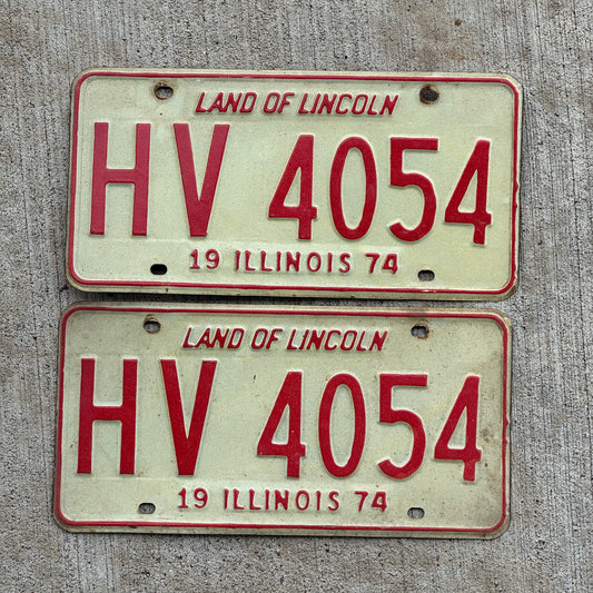 Photo of a 1974 Illinois License Plate Pair Auto Tag Garage Decor Vintage HV 4054 with original patina