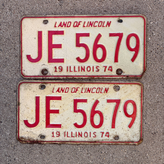 Photo of a 1974 Illinois License Plate Pair Auto Tag Garage Decor Vintage JE 5679 with original patina
