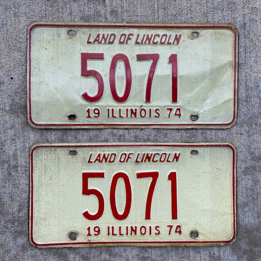 Photo of a 1974 Illinois License Plate Pair Auto Tag Garage Decor Vintage Low Number Four Digit 5071 with original patina