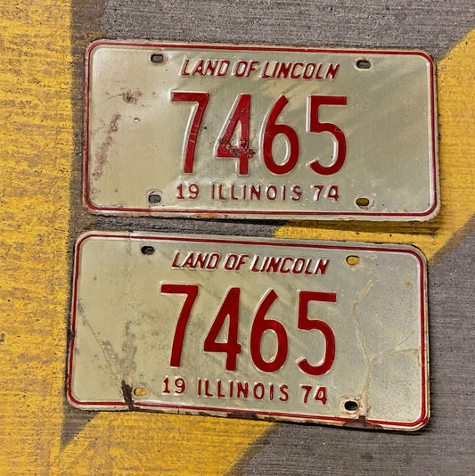 Photo of a 1974 Illinois License Plate Pair Auto Tag Garage Decor Vintage Low Number Four Digit 7465 with original patina