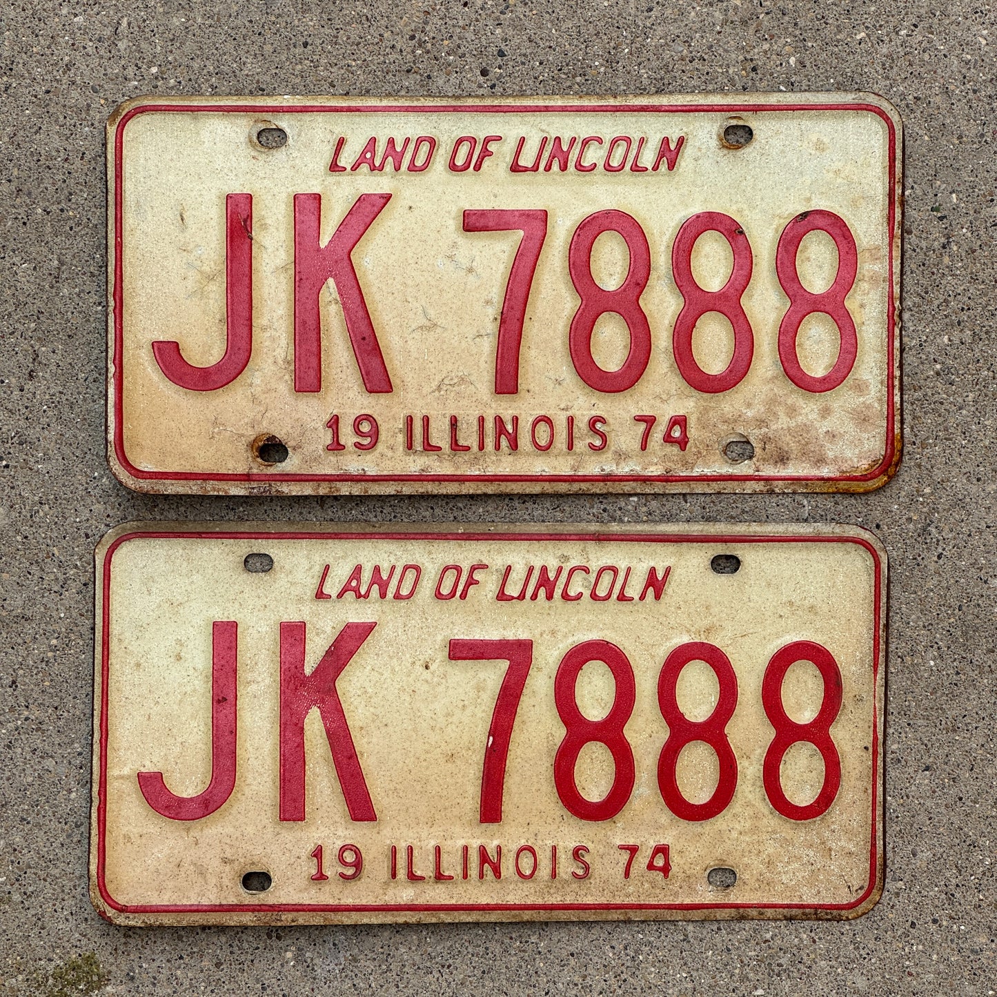 Photo of a 1974 Illinois License Plate Pair Auto Tag Garage Decor Vintage Repeat Repeating JK 7888 with original patina