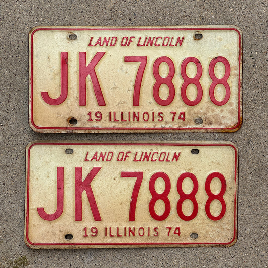 Photo of a 1974 Illinois License Plate Pair Auto Tag Garage Decor Vintage Repeat Repeating JK 7888 with original patina