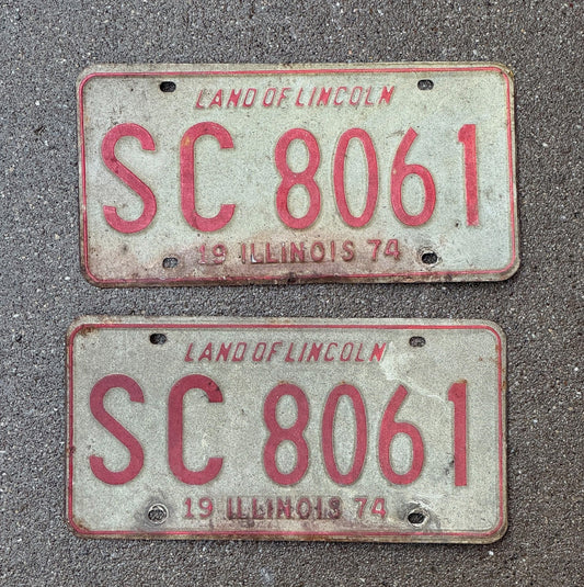 Photo of a 1974 Illinois License Plate Pair Auto Tag Garage Decor Vintage SC 8061