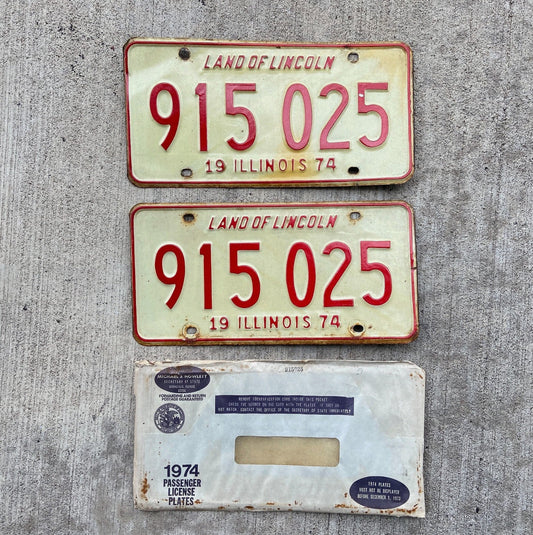 Photo of a 1974 Illinois License Plate Pair Auto Tag Garage Decor Vintage with Envelope 915025 with original patina