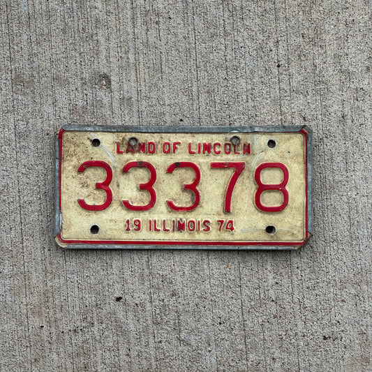 Photo of a 1974 Illinois Motorcycle License Plate Auto Tag Garage Decor Vintage Repeat Repeating 33378 with original patina