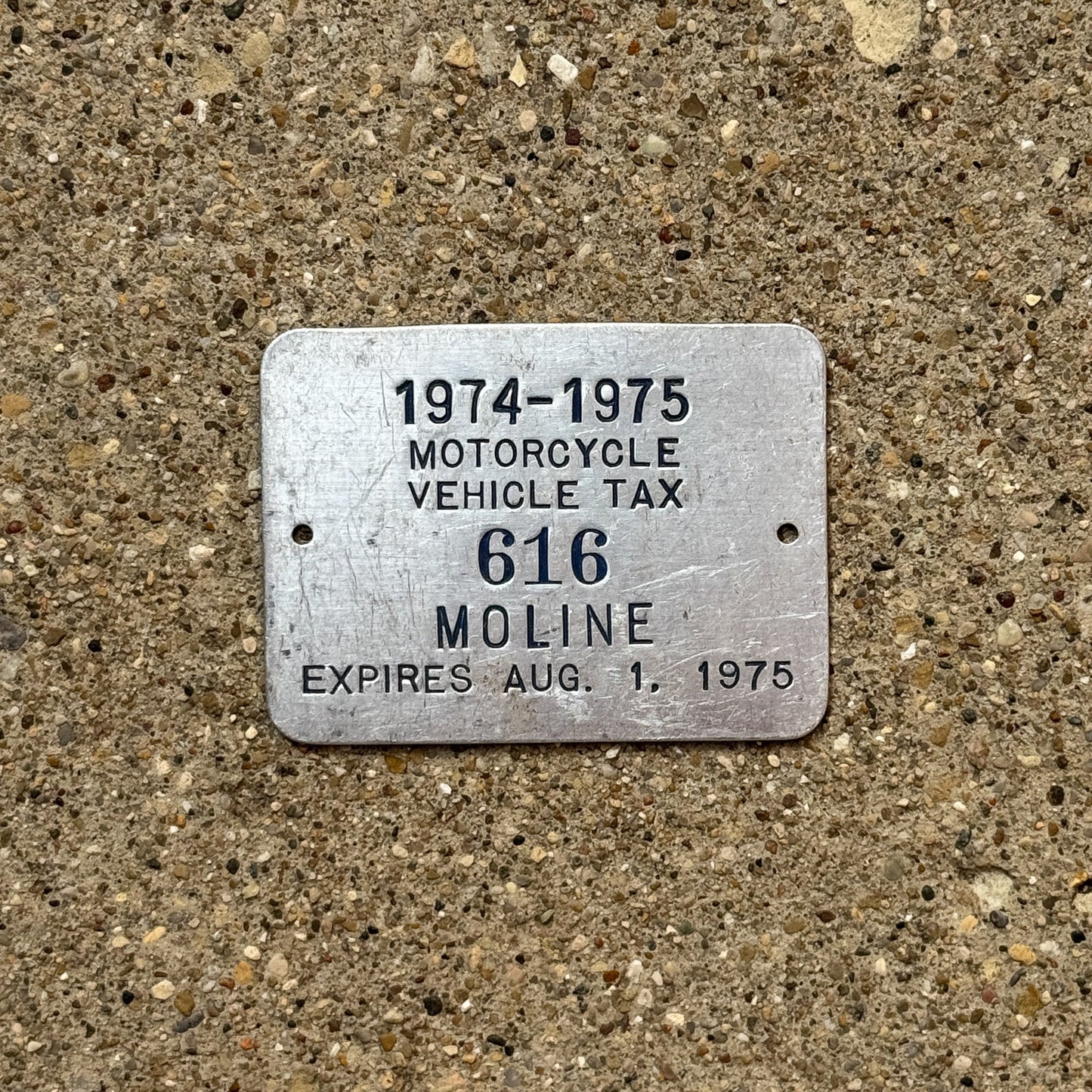 Photo of a 1974 Illinois Motorcycle Tax Tag Auto Tag Garage Decor Vintage Moline 616