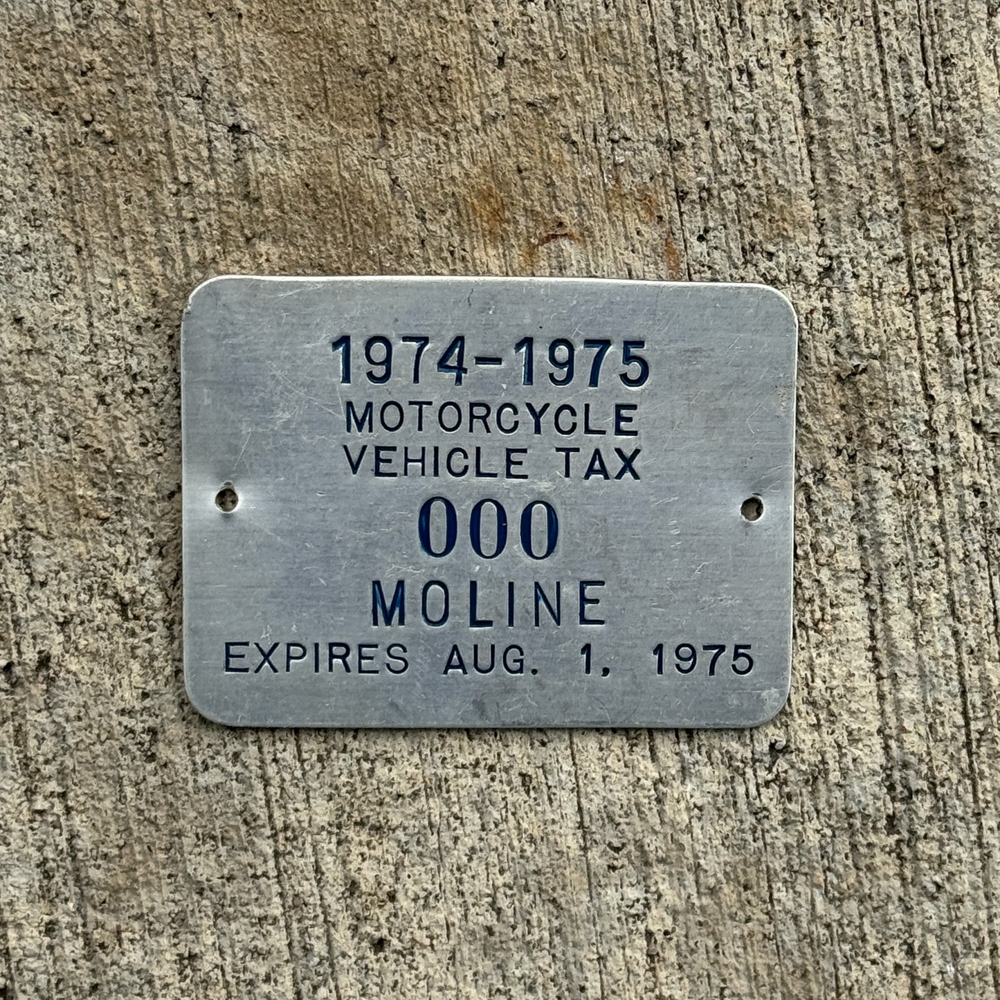 Photo of a 1974 Illinois Motorcycle Tax Tag License Plate Auto Tag Garage Decor Vintage 000 with original patina
