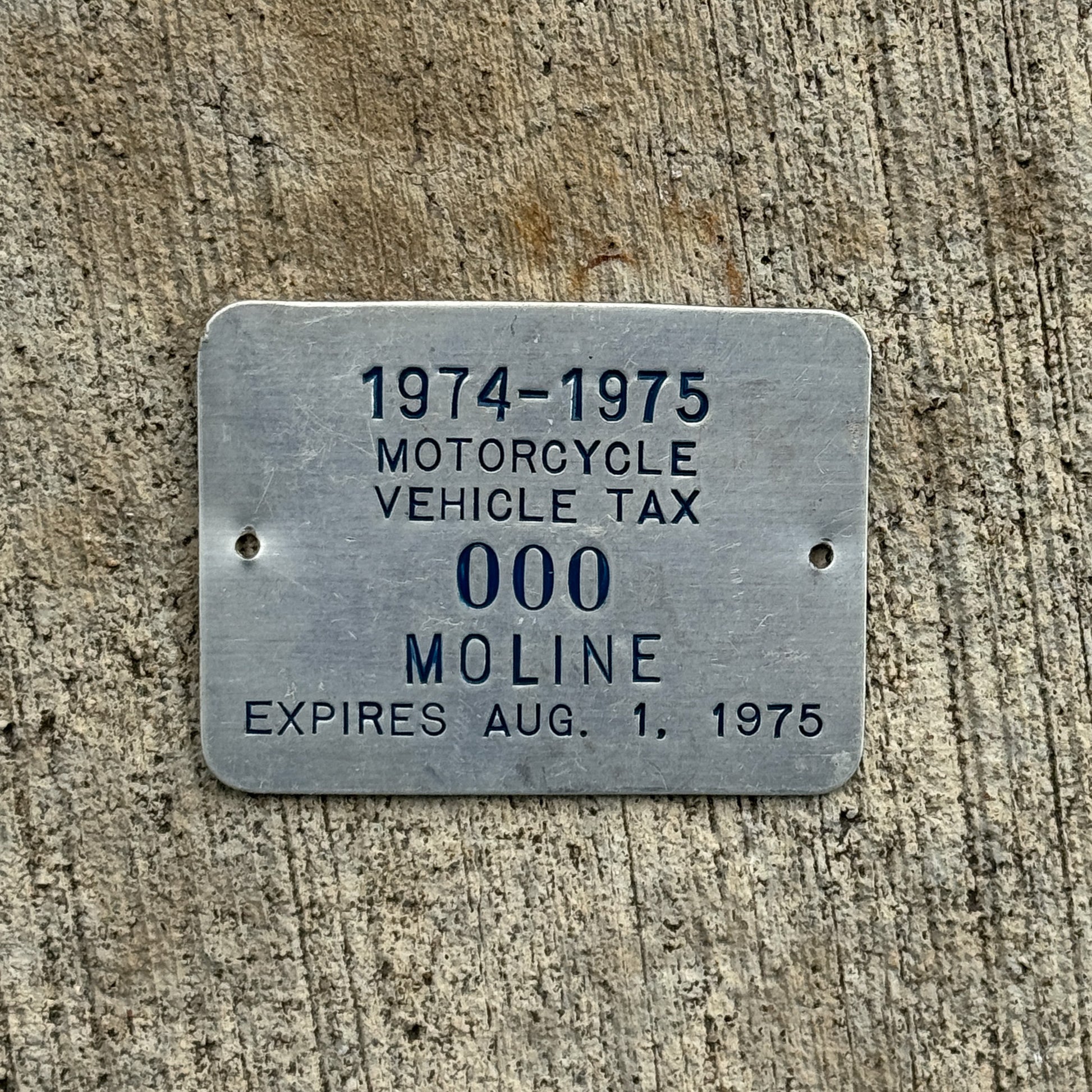 Photo of a 1974 Illinois Motorcycle Tax Tag License Plate Auto Tag Garage Decor Vintage 000 with original patina