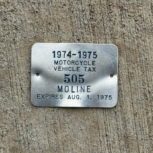 Photo of a 1974 Illinois Motorcycle Tax Tag License Plate Auto Tag Garage Decor Vintage 505 with original patina