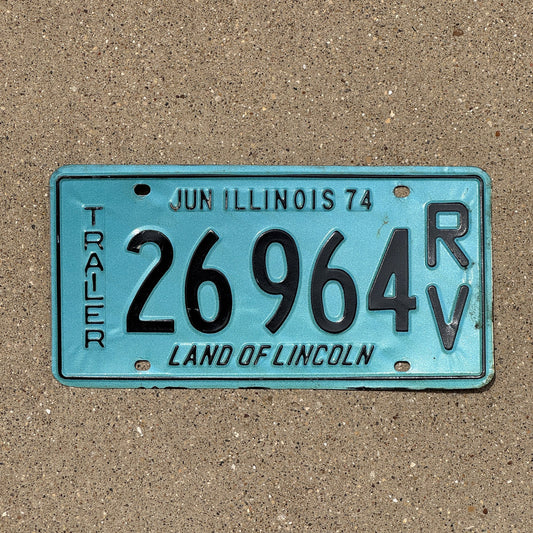 Photo of a 1974 Illinois RV Trailer License Plate Auto Tag Garage Decor Vintage 26 964 RV