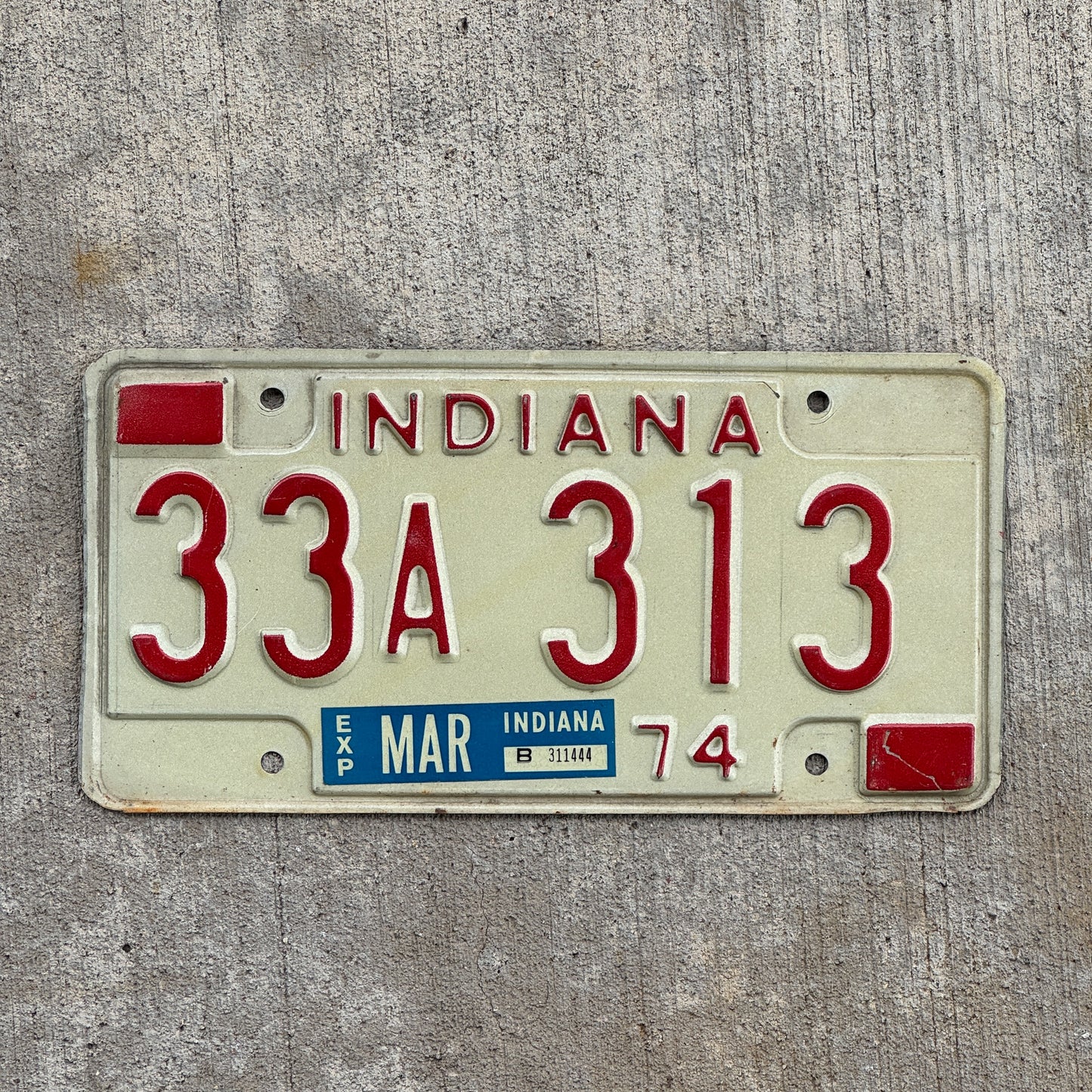 Photo of a 1974 Indiana License Plate Auto Tag Garage Decor Vintage 33 A 313 with original patina