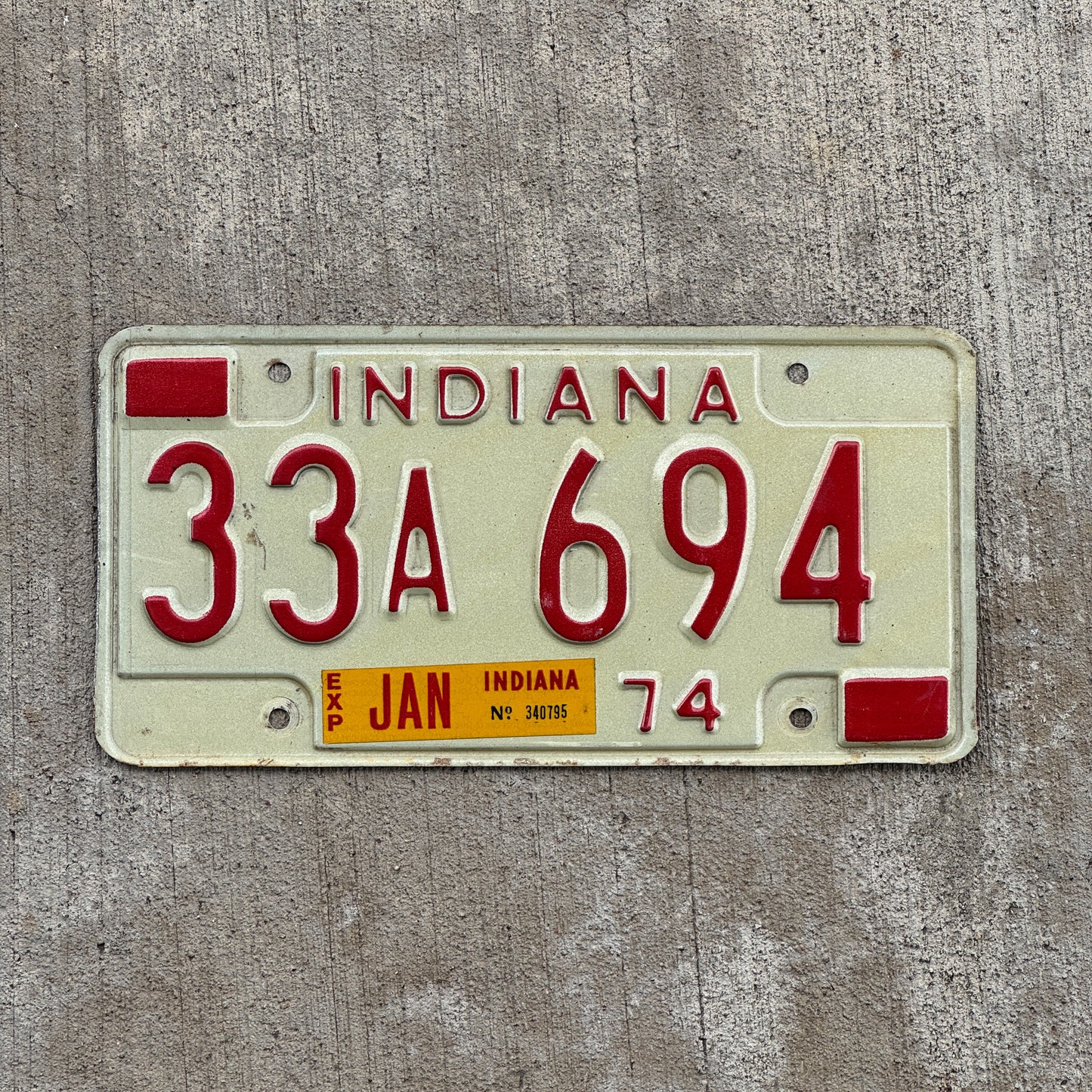 Photo of a 1974 Indiana License Plate Auto Tag Garage Decor Vintage 33 A 694 with original patina