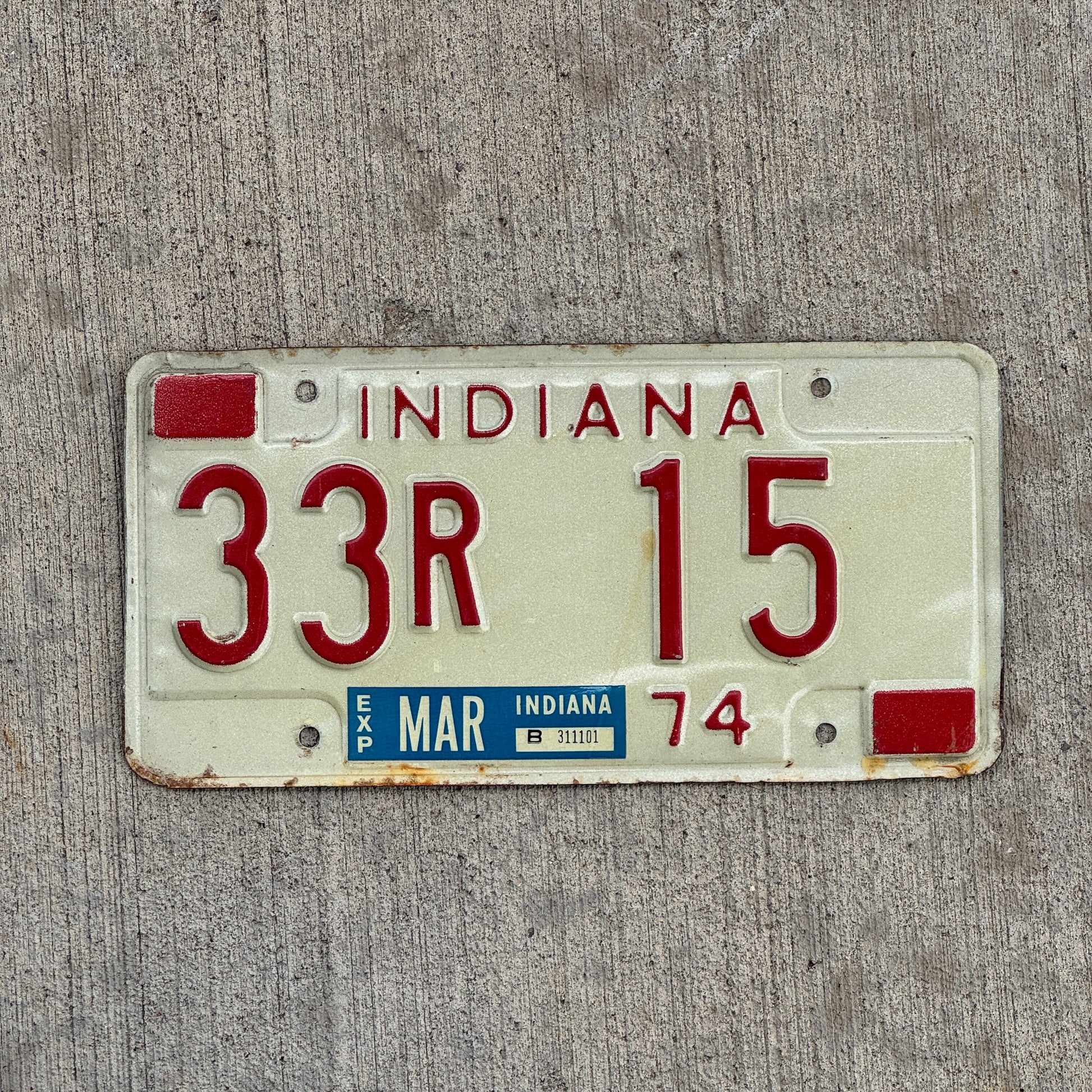 Photo of a 1974 Indiana License Plate Auto Tag Garage Decor Vintage 33 R 15 with original patina