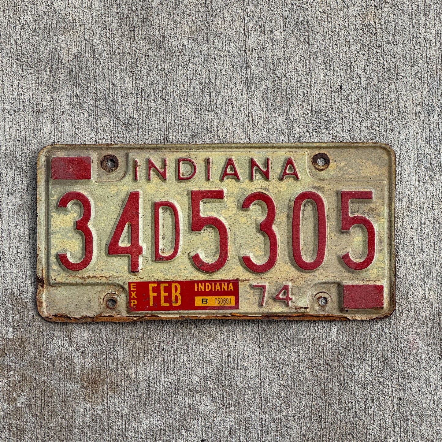 Photo of a 1974 Indiana License Plate Auto Tag Garage Decor Vintage 34 D 5305 with original patina