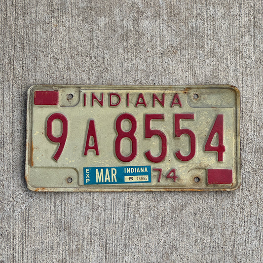 Photo of a 1974 Indiana License Plate Auto Tag Garage Decor Vintage 9 A 8554 with original patina