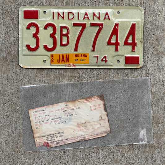 Photo of a 1974 Indiana License Plate Auto Tag Garage Decor Vintage With Registration 33 B 7744 with original patina