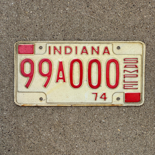 Photo of a 1974 Indiana Sample License Plate Auto Tag 1 Garage Decor 99A000 with original patina