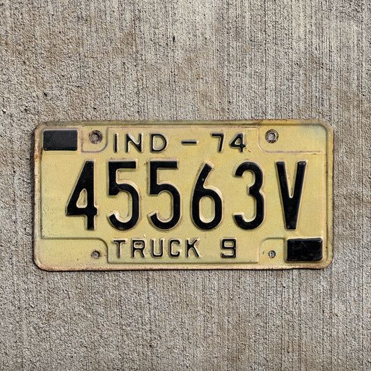 Photo of a 1974 Indiana Truck License Plate Auto Tag Garage Decor Vintage 45563 V with original patina