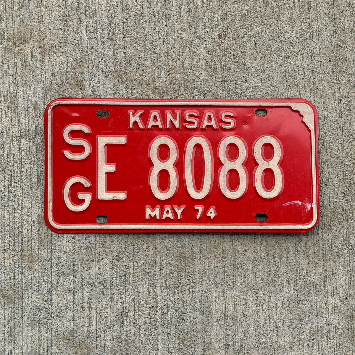Photo of a 1974 Kansas License Plate Auto Tag Garage Decor Vintage SG E 8088 with original patina