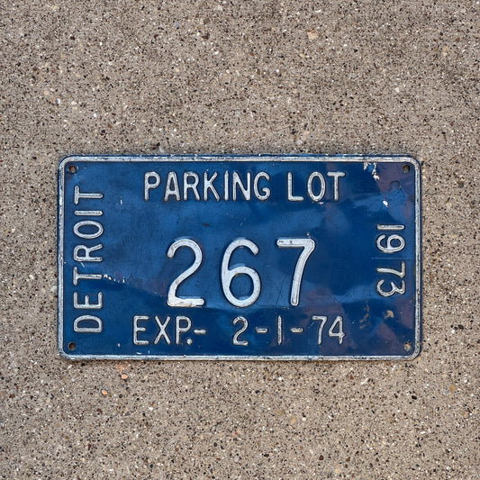 Photo of a 1974 Michigan Detroit Parking Lot License Plate Auto Tag Garage Decor Vintage 267