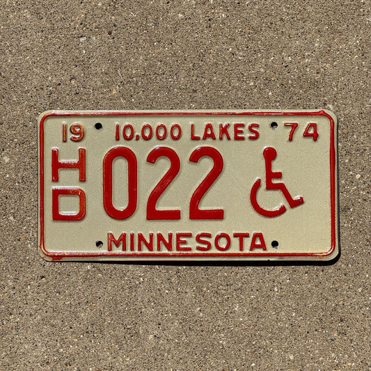 Photo of a 1974 Minnesota Handicapped License Plate Auto Tag 1 Garage Decor Low Number Two Digit HD 022