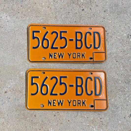 Photo of a 1974 New York License Plate Pair Auto Tag Garage Decor Vintage YOM DMV Clear 5625 CD with original patina