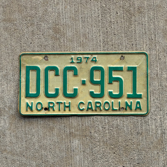 Photo of a 1974 North Carolina License Plate Auto Tag Garage Decor Vintage DCC 951 with original patina
