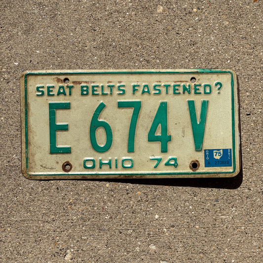 Photo of a 1974 Ohio License Plate Auto Tag Garage Decor Vintage E 674 V