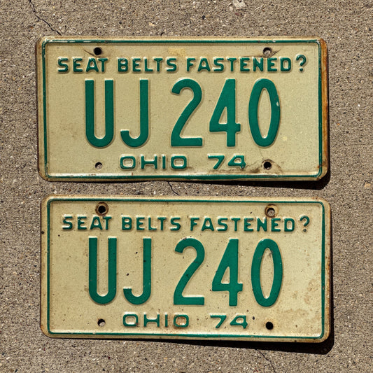 Photo of a 1974 Ohio License Plate Pair Auto Tag Garage Decor Vintage UJ 240