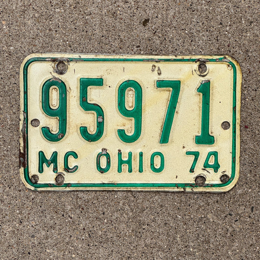 Photo of a 1974 Ohio Motorcycle License Plate Auto Tag Garage Decor Vintage 95971 with original patina