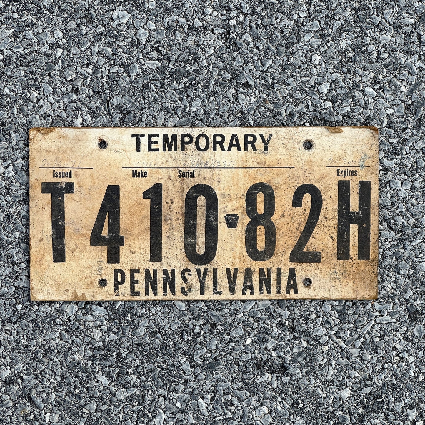 Photo of a 1974 Pennsylvania Temporary License Plate Auto Tag Garage Decor Vintage Card Stock T 410 82H