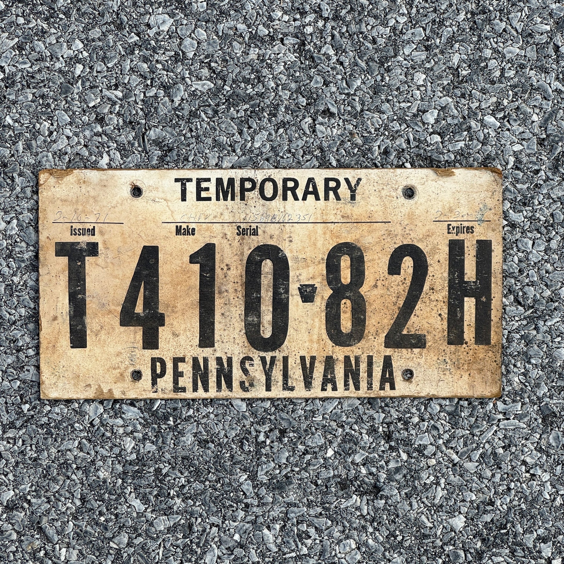 Photo of a 1974 Pennsylvania Temporary License Plate Auto Tag Garage Decor Vintage Card Stock T 410 82H