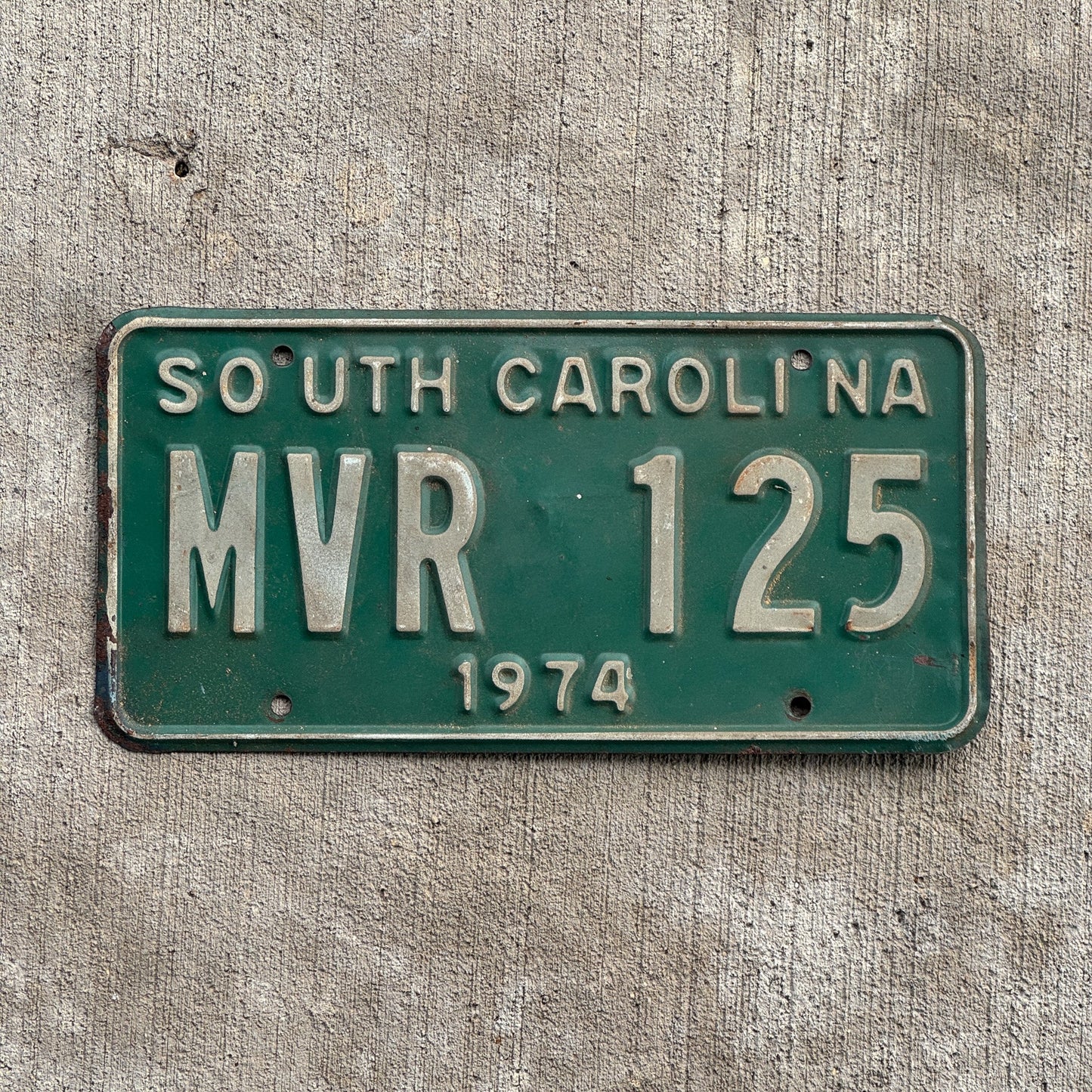 Photo of a 1974 South Carolina License Plate Auto Tag 2 Garage Decor MVR 125 with original patina